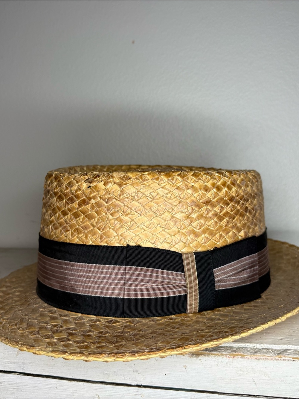 Vintage 1920's Straw Boater Hat, Skimmer Hat CHAMP Size 7 1/4" Grosgrain Ribbon
